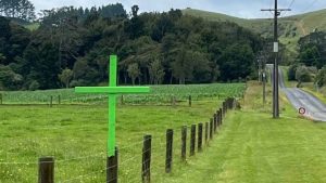 Green crosses on roadside fences mark pushback against farming regulations