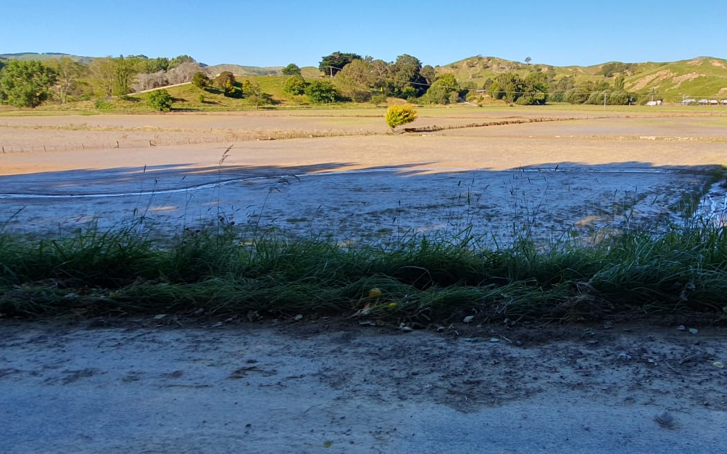 A field that was filled with sludge from floodwaters in Tīnui, Wairarapa, during Cyclone Gabrielle. 