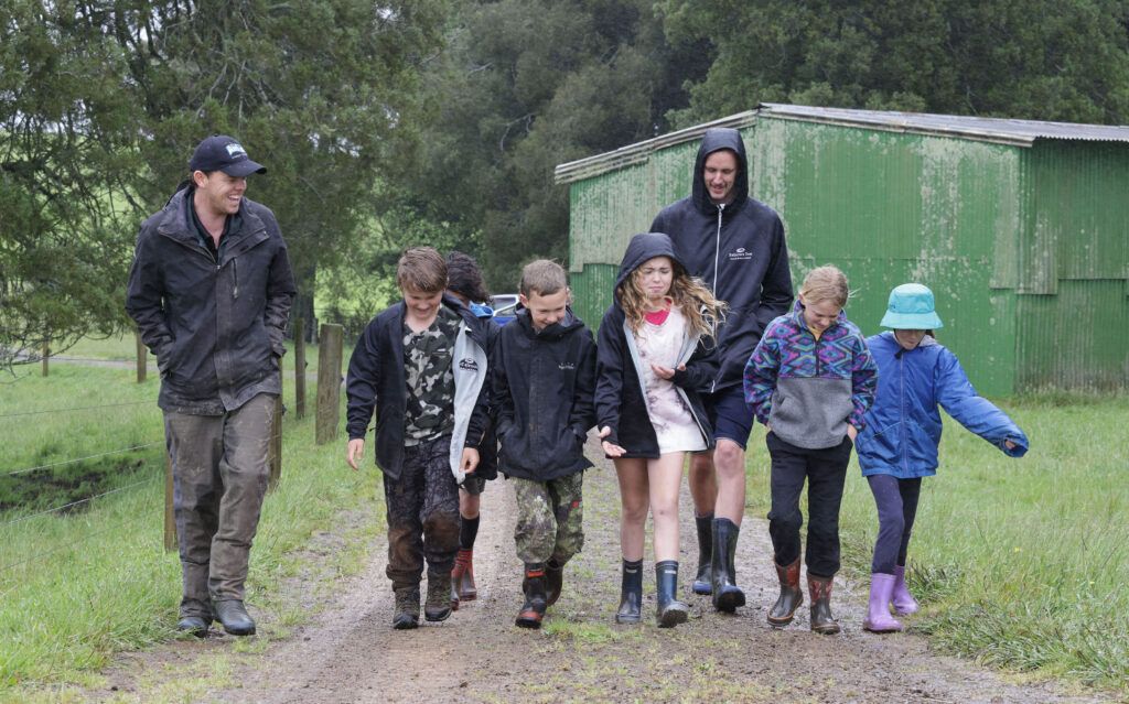 Schoolchildren visited Donalds Farm late last year and were shown what goes on behind the farm gate From left are Sam Waugh Rourke van der Linden from Weymouth Primary School Jesse Shearer home schooled Tabitha Rose Cox home schooled Alex Sherie who owns and operates a forest and farm school called Natures Den Sky Ryan home schooled and Jasmine Jamieson from Ramarama School