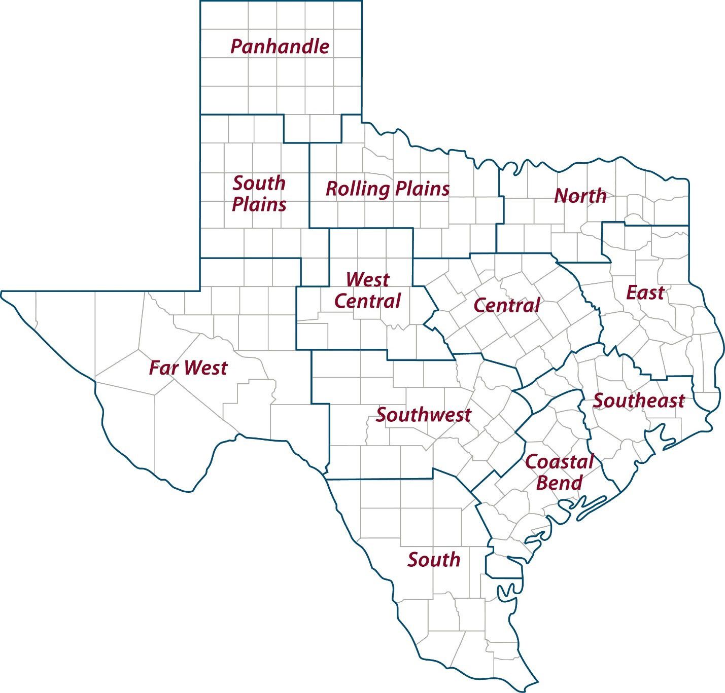 A map of the 12 Texas A&M AgriLife Extension districts.