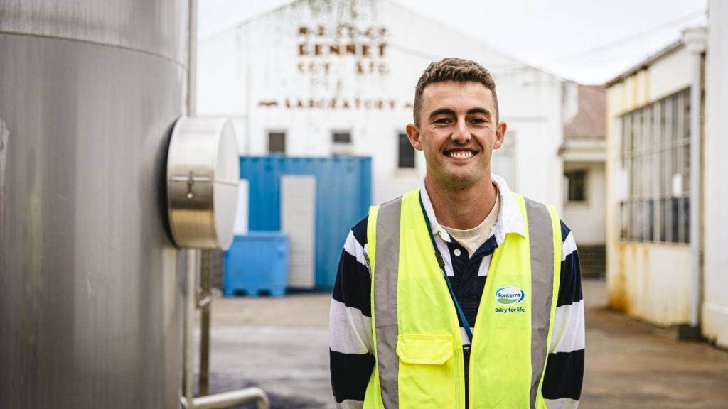 Matt Haycock and the old rennet factory in Eltham where his grandfather Brian Davies worked when he graduated from Massey University in the 1960s.