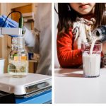 Left, Becky Reith works in the food innovation lab at Perfect Day. Right, a child pours Cowabunga brand "animal-free dairy beverage” made with Perfect Day enzymes.