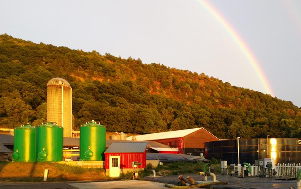 A rainbow over the 217-year-old Barstow Longview Farm in Hadley, Massachusetts