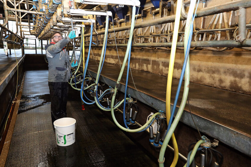 The milking parlour is a 20-year-old 2×20 swingover parlour. 