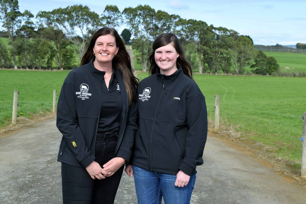 At a field day in Riverton for the winners of the Southland and Otago region of this year’s New Zealand Dairy Industry Awards are dairy manager of the year Nicole Barber (left), of Tapanui, and dairy trainee of the year Ann-Kristin Loferski, of Heriot.