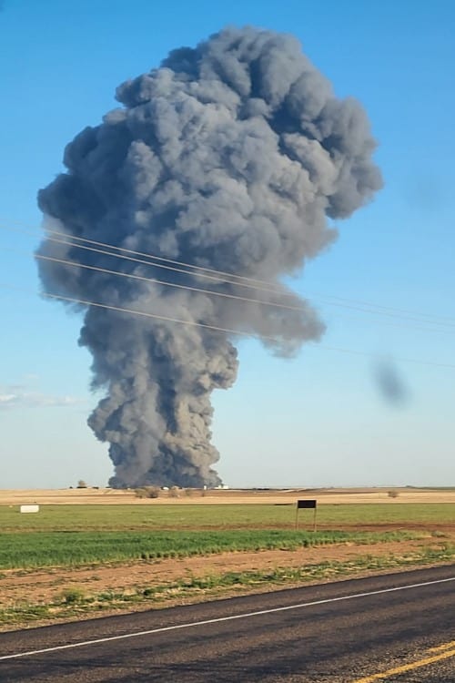 Dark smoke plumes formed over the farm site following the explosion. Photo via Castro County Emergency Management