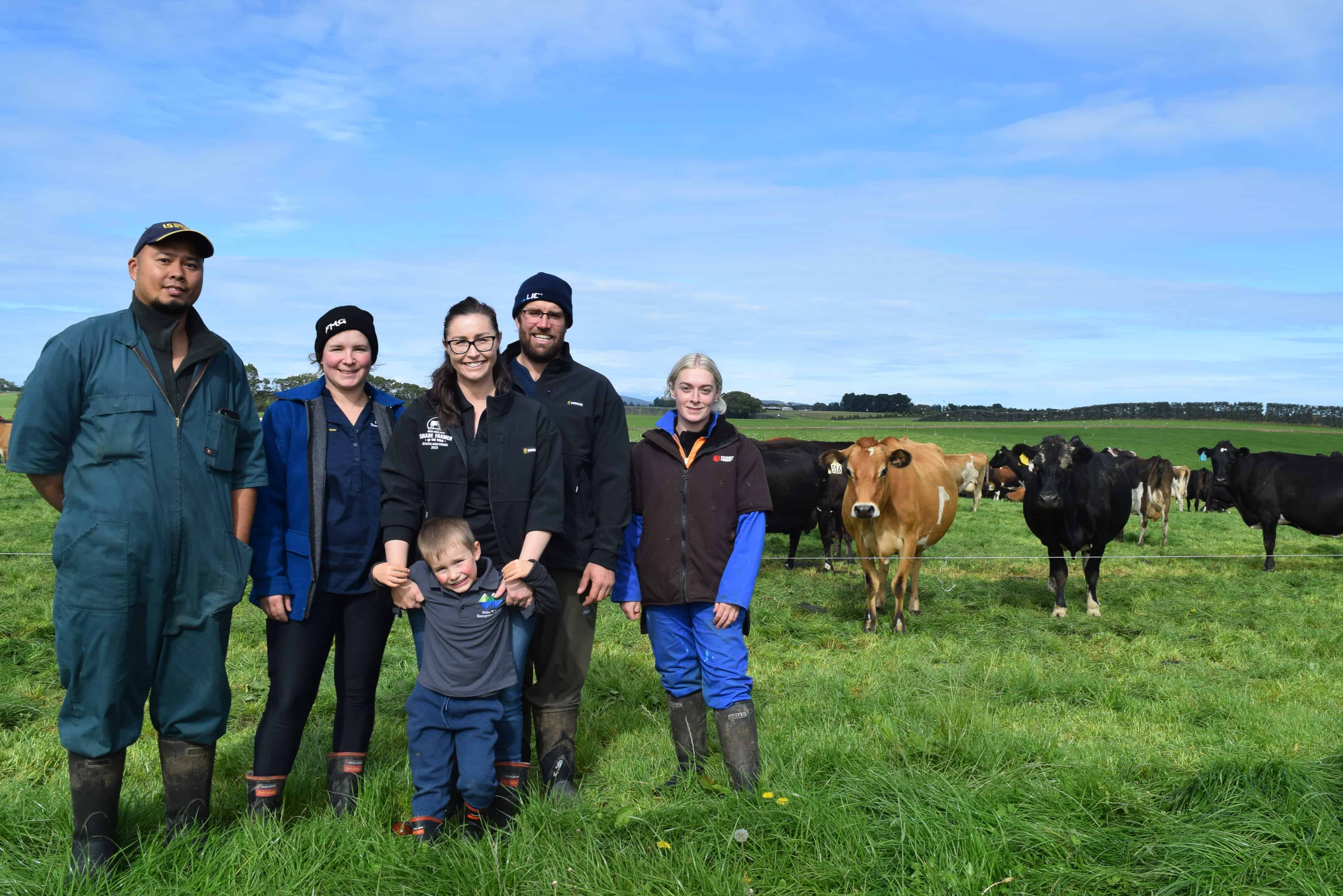 Dairy Industry Awards winners field day are (from left) Milky Whey Enterprises second-in-charge Kenneth Medina, lease farm manager Bethanne Smith, sharemilkers Shahn and Michael Smith and their son William (4) and farm assistant Erica Harvey.