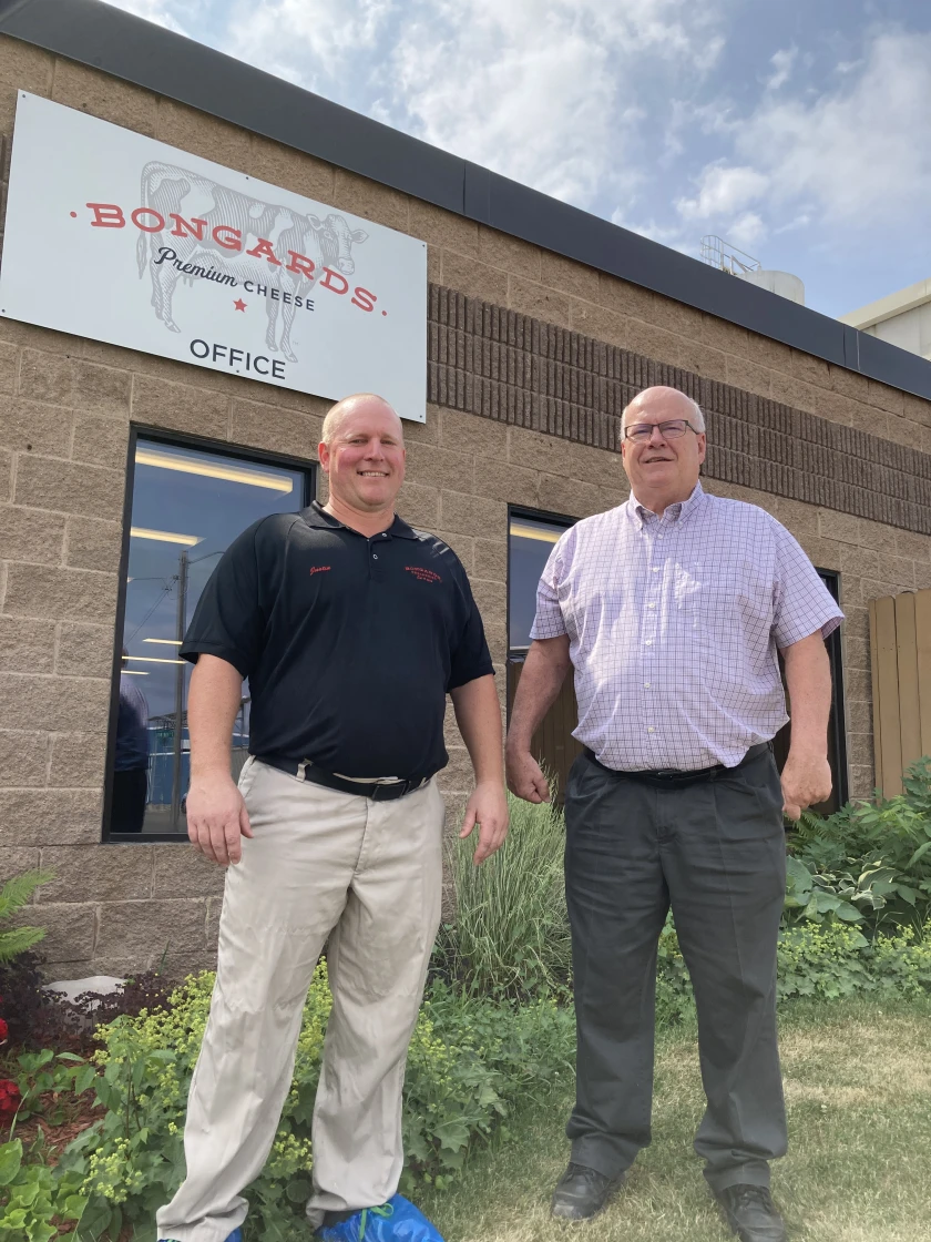 Daryl Larson, right, and his son, Justin Larson at the Bongards cheese plant in Perham, Minnesota.