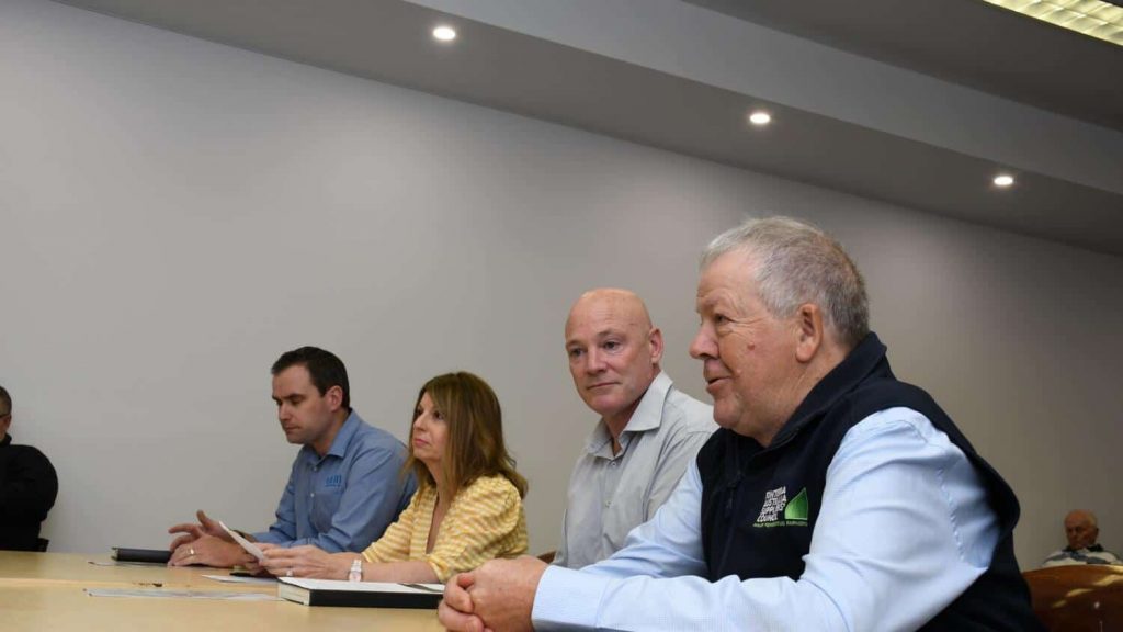 The dairy contingent speaking to the Coalition panel this week in Shepparton included (from left) ACM CEO Jason Limbrick, Australian Dairy Products Federation executive officer Janine Waller, Noumi head of technical Tom Dickins and Fonterra supplier Paul Weller.