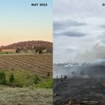 A before and after photo of the family's farm near Bega in NSW.