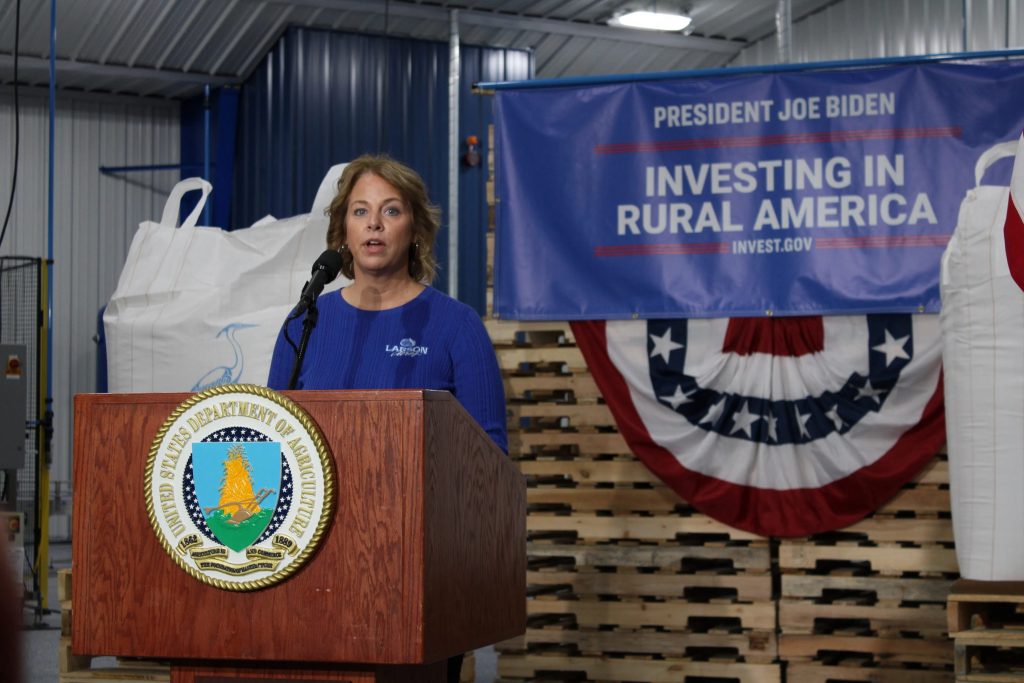 Edge Dairy Farmer Cooperative member Sandy Larson speaks at USDA Partnerships for Climate-Smart Commodities event