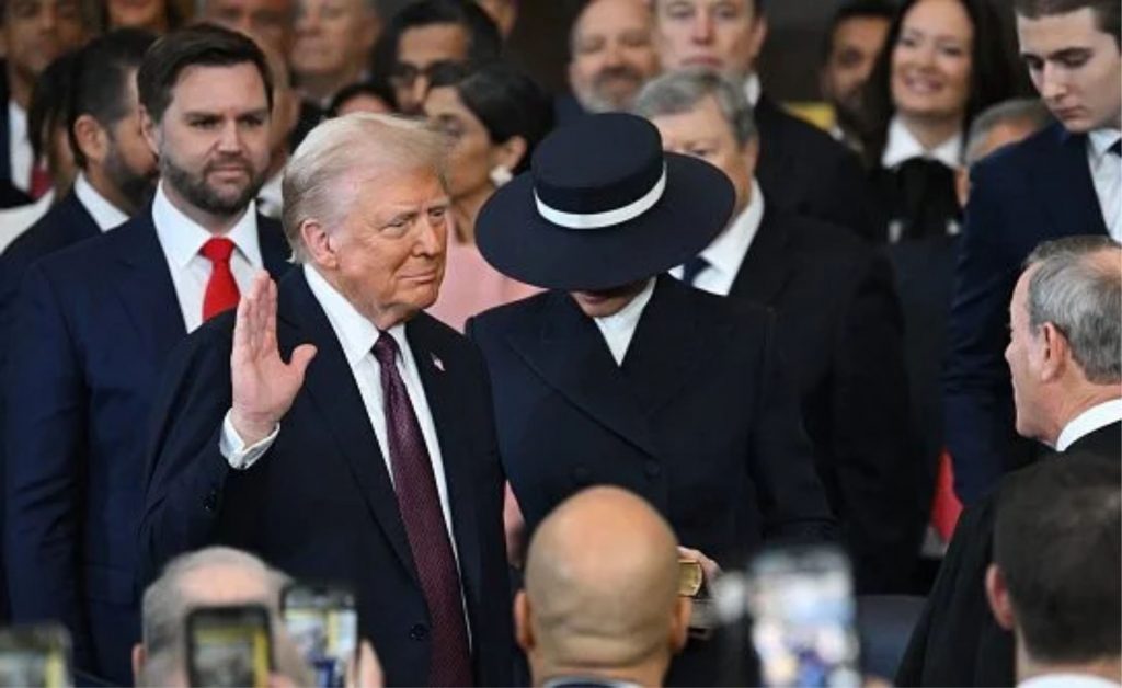 Donald Trump is sworn in as the 47th US President in the US Capitol Rotunda in Washington, DC, on 20 January 2025. Credit: Saul Loeb/Pool/AFP/ via Getty Images