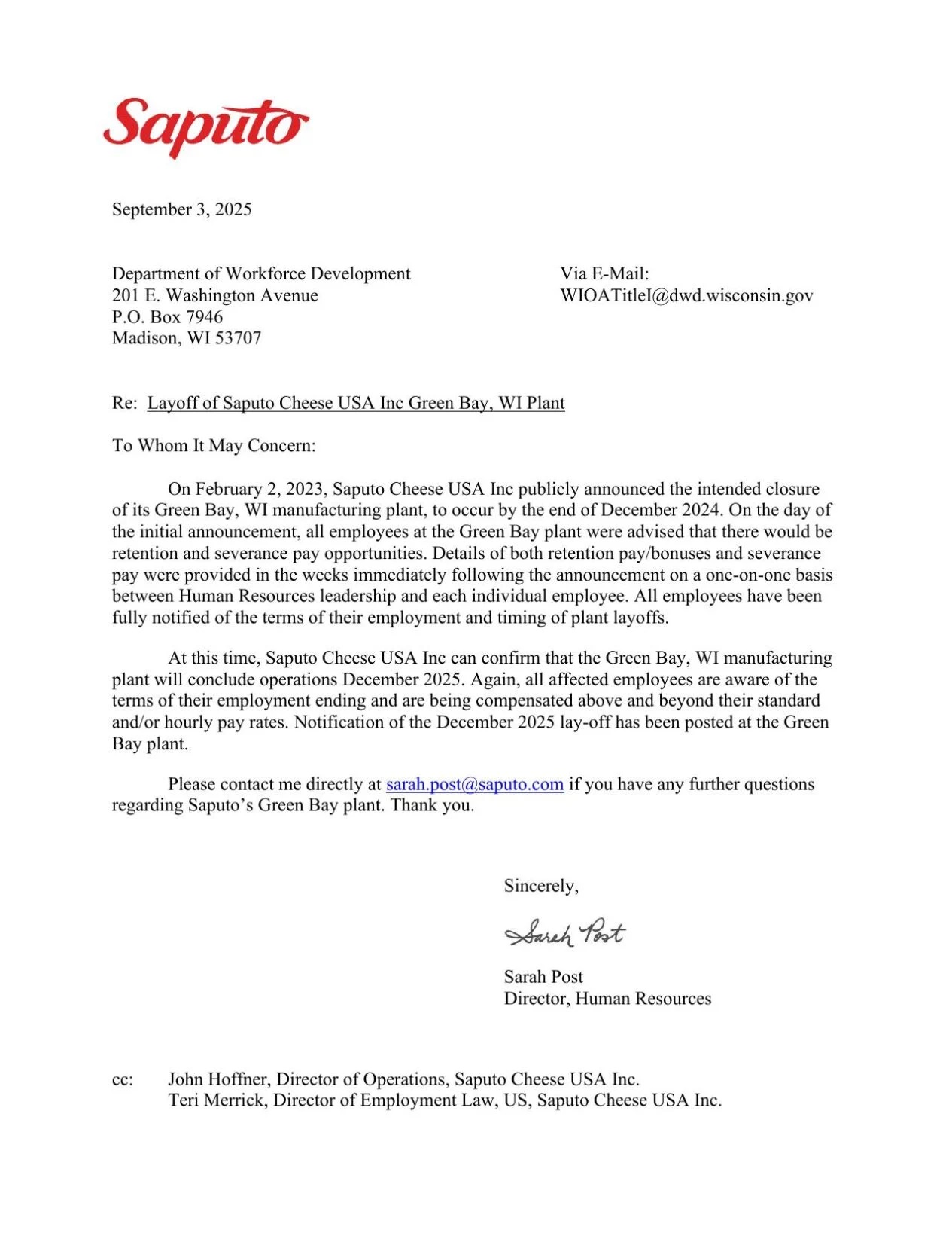 Saputo Cheese Plant Closure Shakes Green Bay